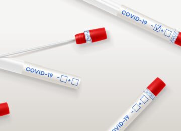Test tubes with cotton swab for nasopharyngeal specimens. Realistic tube for testing in laboratory on coronavirus SARS CoV-2. Nasopharyngeal test for determination Covid-19 NCP. Vector illustration.